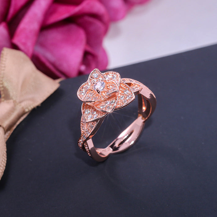 Anillo de compromiso para mujer con forma de flor y circonita en oro rosa