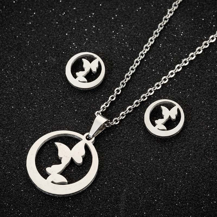 Butterfly necklace earrings set, stainless steel round two butterflies three-piece jewelry set spot wholesale