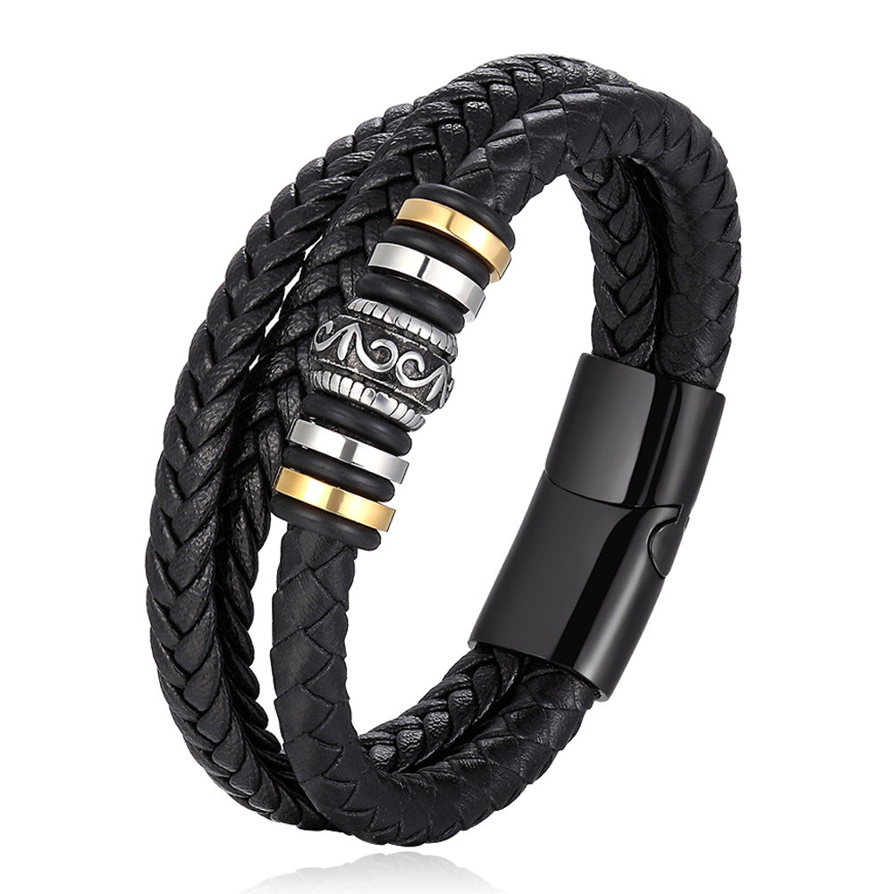 Bracelet Stainless Steel Genuine Leather Woven Multilayer - wallojewerly 