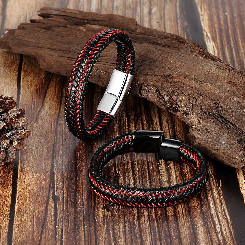 Bracelet Stainless Steel Genuine Leather Bracelet Red Bracelet