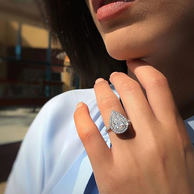 Anillo de circonita en forma de pera estilo OL, joyería popular