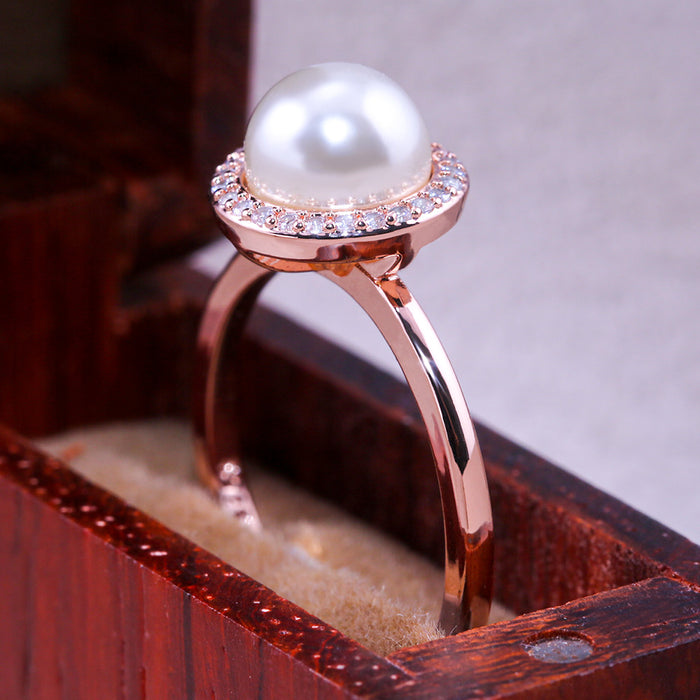 Artificial pearl rose gold plated zircon engagement ring for women