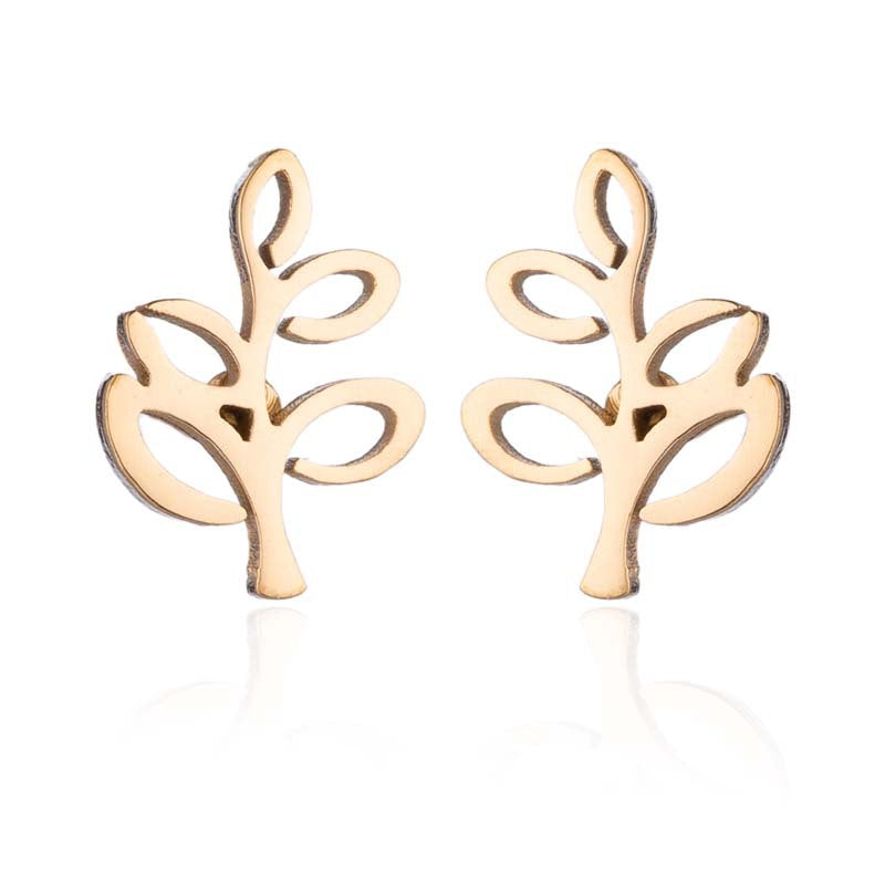 Leaf and Bud Stainless Steel Stud Earrings - Fresh and Simple Nature Jewelry