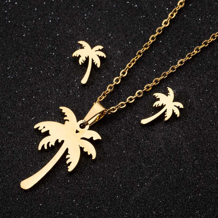 Bohemian coconut tree jewelry set, leaf earrings and necklace three-piece set cross-border wholesale