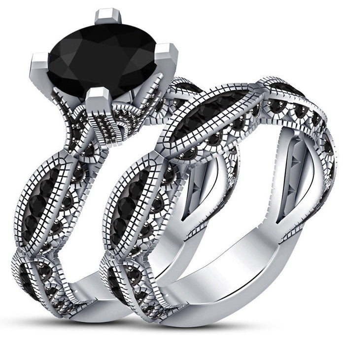 White gold-plated black zircon double-layer couple ring