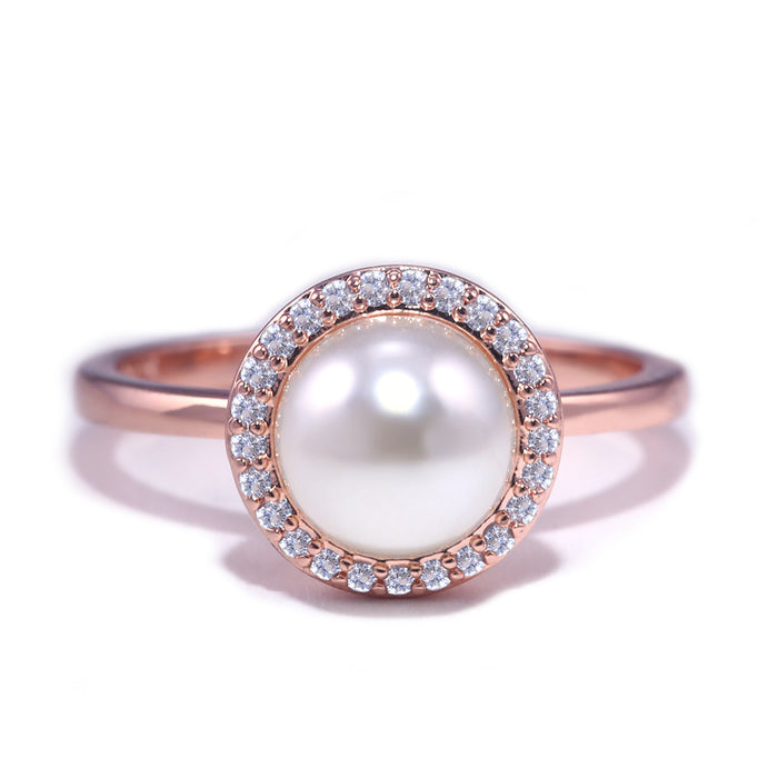 Artificial pearl rose gold plated zircon engagement ring for women