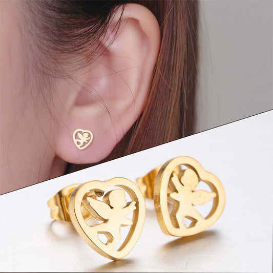 Heart and Angel Wing Stainless Steel Stud Earrings - Cute and Stylish Jewelry