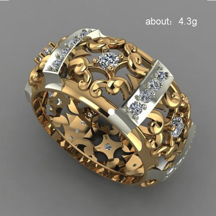 Two-color hollow pattern ring fashionable zircon ring