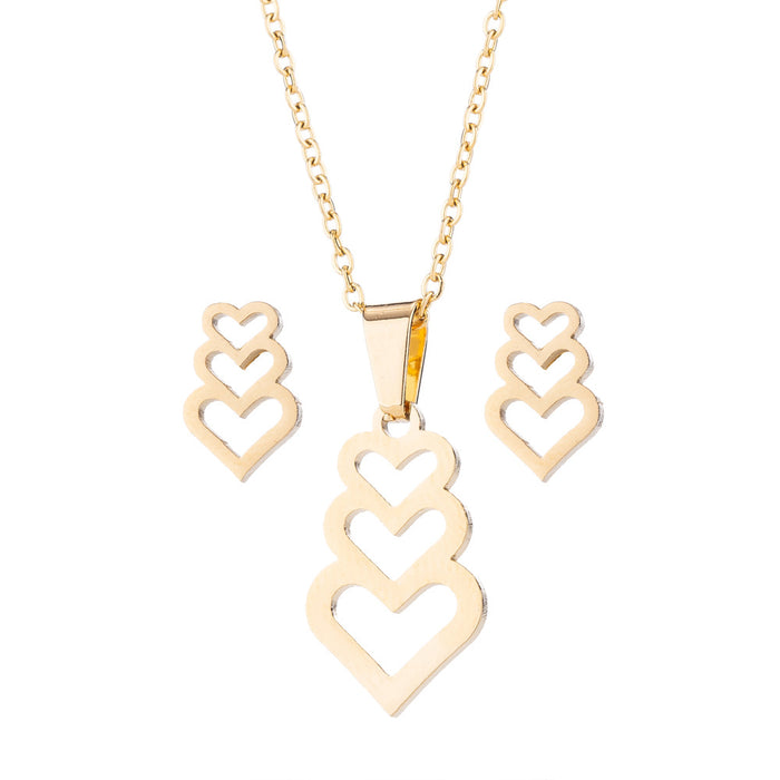 Heart to Heart Necklace Set, Stainless Steel Heart Necklace Earrings Three-piece Set Jewelry Manufacturer Spot Wholesale