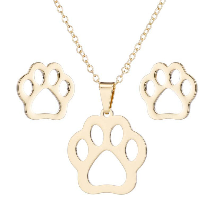 Bear paw print necklace set, European and American simple hollow earrings stainless steel hand jewelry three-piece set spot wholesale