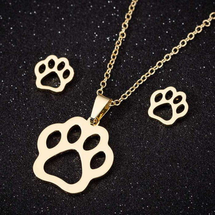 Bear paw print necklace set, European and American simple hollow earrings stainless steel hand jewelry three-piece set spot wholesale