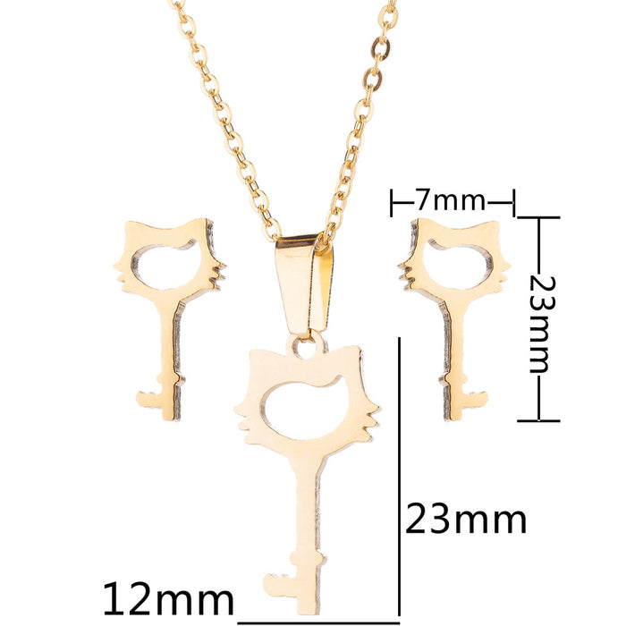 Cat necklace and earrings set, cross-border ins cute female key fashion three-piece set manufacturers spot wholesale