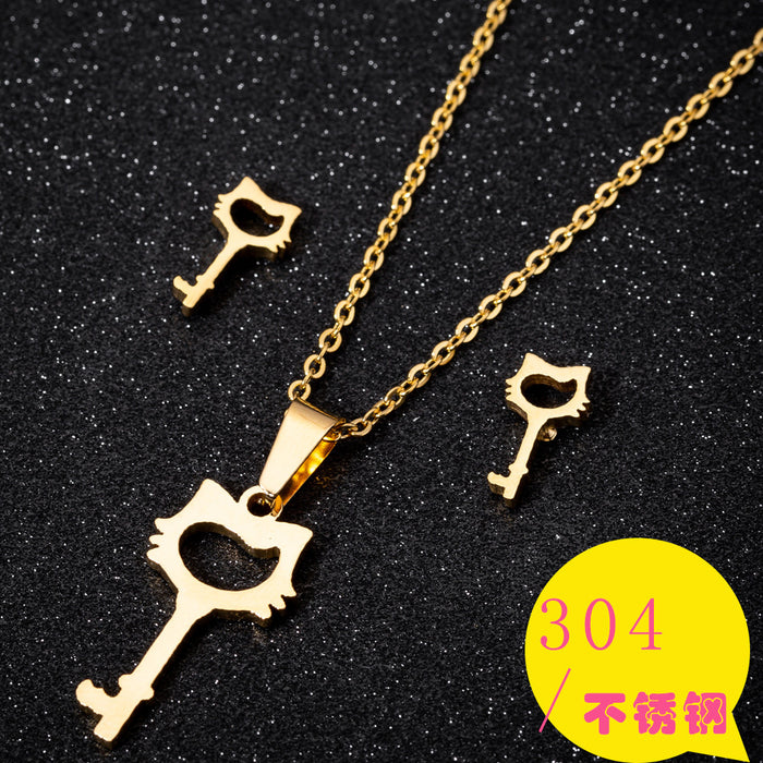 Cat necklace and earrings set, cross-border ins cute female key fashion three-piece set manufacturers spot wholesale