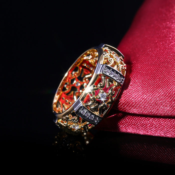 Two-color hollow pattern ring fashionable zircon ring