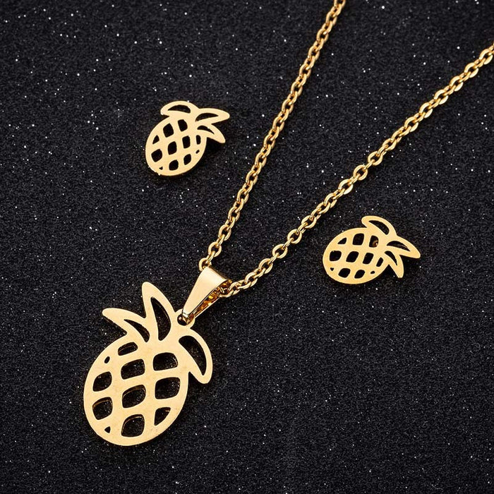 Conjunto de joyas de piña hueca, pendientes y collar con colgante de piña de fruta francesa coreana de tres piezas al por mayor