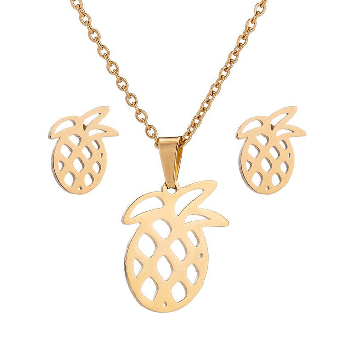 Conjunto de joyas de piña hueca, pendientes y collar con colgante de piña de fruta francesa coreana de tres piezas al por mayor