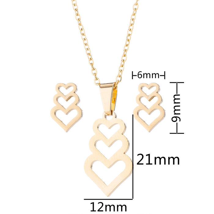 Heart to Heart Necklace Set, Stainless Steel Heart Necklace Earrings Three-piece Set Jewelry Manufacturer Spot Wholesale