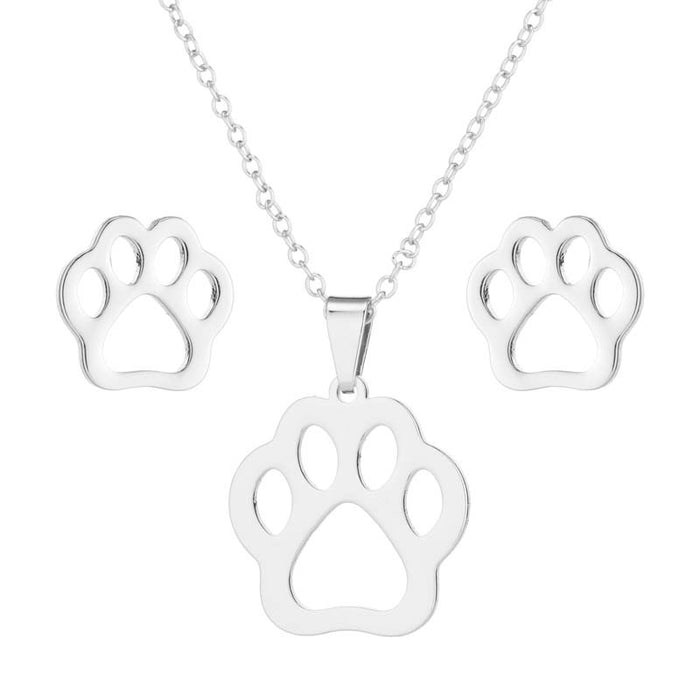 Bear paw print necklace set, European and American simple hollow earrings stainless steel hand jewelry three-piece set spot wholesale