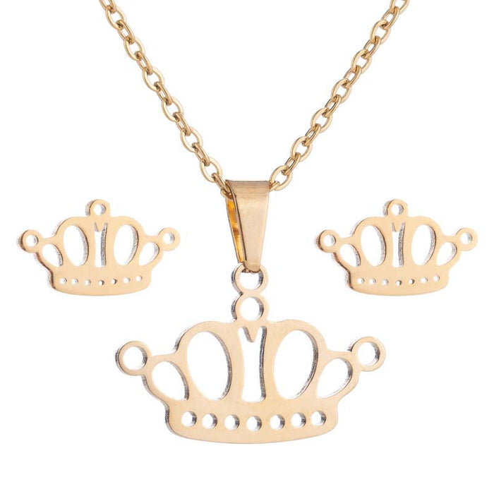 Crown earring necklace set, ladies simple stainless steel jewelry three-piece set ready for wholesale