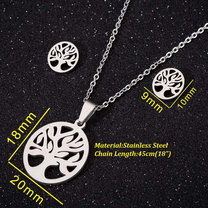 Geometric round pendant necklace, cross-border fashion hollow tree of life jewelry three-piece set wholesale