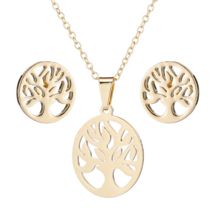 Geometric round pendant necklace, cross-border fashion hollow tree of life jewelry three-piece set wholesale