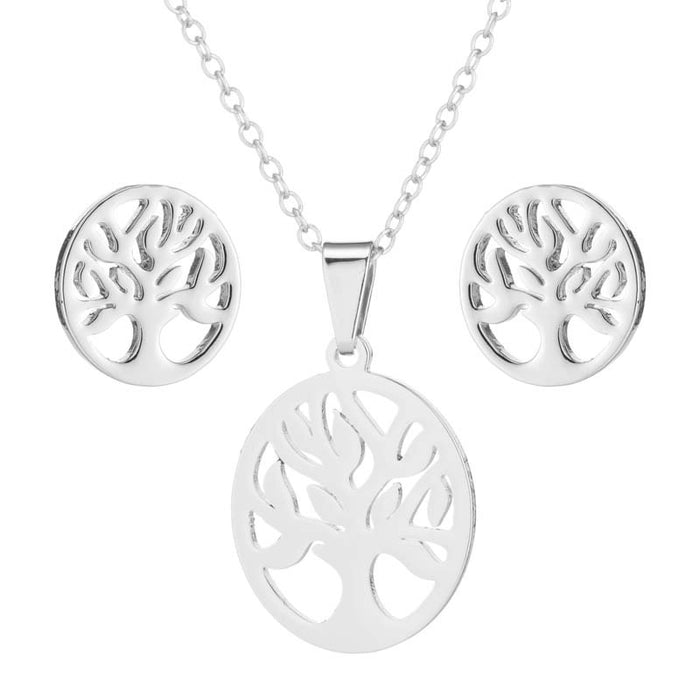 Geometric round pendant necklace, cross-border fashion hollow tree of life jewelry three-piece set wholesale