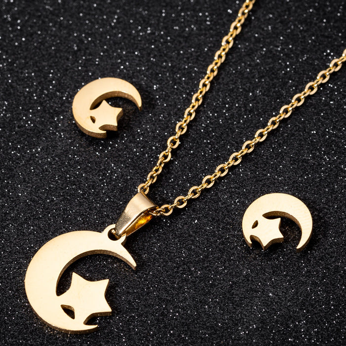 Conjunto de pendientes y collar con forma de estrella y luna, joyería geométrica de dibujos animados de acero inoxidable popular en Europa y América, venta al por mayor transfronteriza