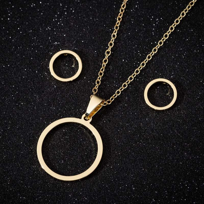 Round necklace earrings three-piece set, European and American stainless steel simple geometric hollow round pendant jewelry wholesale