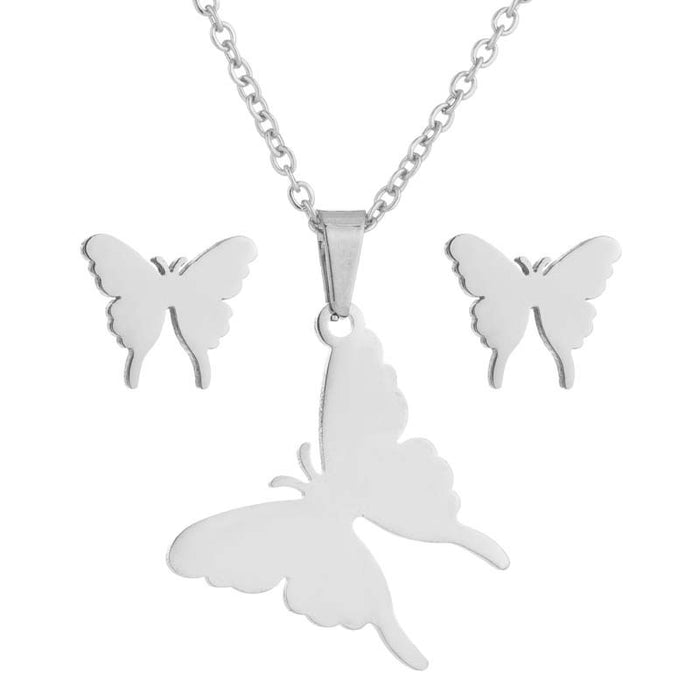 Butterfly earrings and necklace three-piece set, stainless steel jewelry accessories European and American wholesale