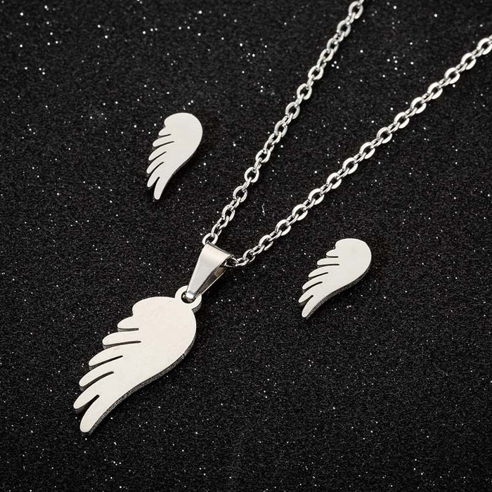 Feather necklace set, European and American stainless steel feather necklace earrings three-piece jewelry spot wholesale