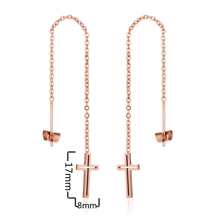 Cross and Tassel Stainless Steel Stud Earrings - Long Drop Earrings for a Bold Look