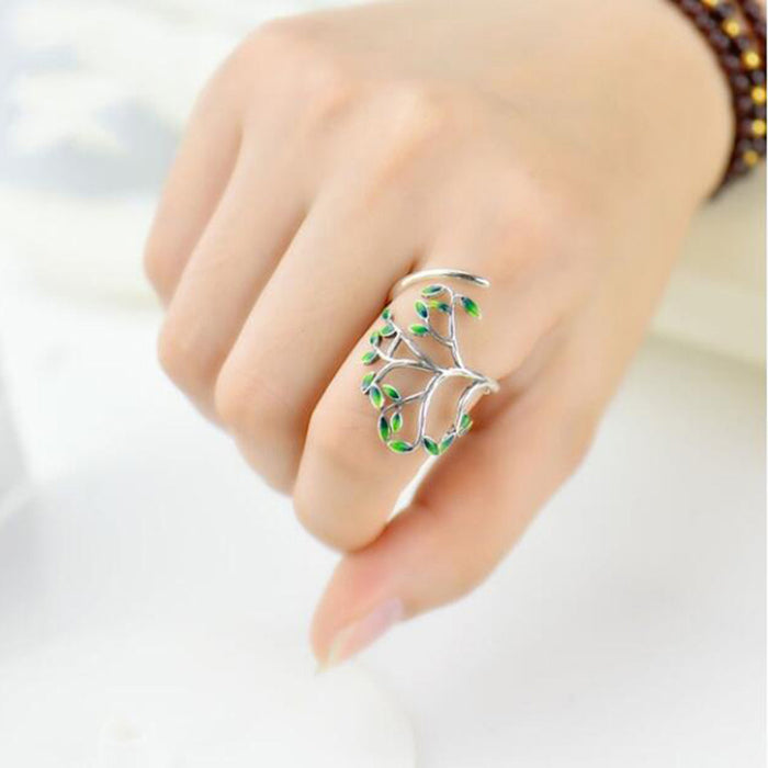 Hand-dripping glaze green leaf branch ring fashionable open single ring adjustable