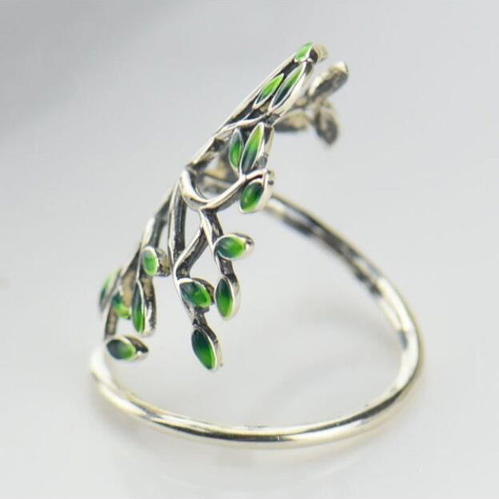 Hand-dripping glaze green leaf branch ring fashionable open single ring adjustable