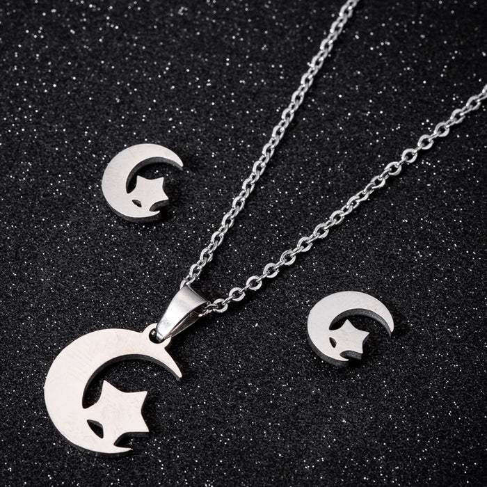 Conjunto de pendientes y collar con forma de estrella y luna, joyería geométrica de dibujos animados de acero inoxidable popular en Europa y América, venta al por mayor transfronteriza