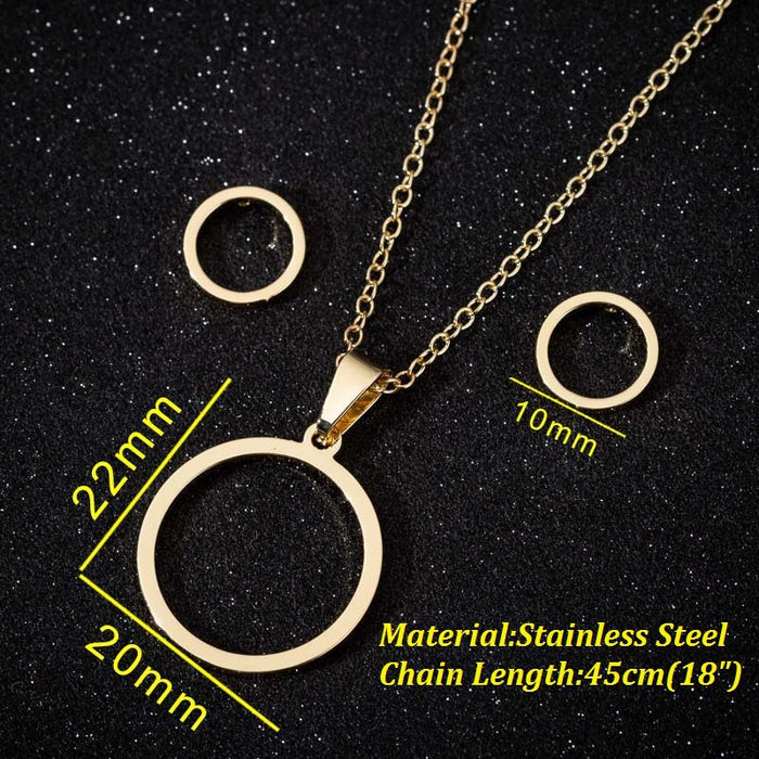 Round necklace earrings three-piece set, European and American stainless steel simple geometric hollow round pendant jewelry wholesale