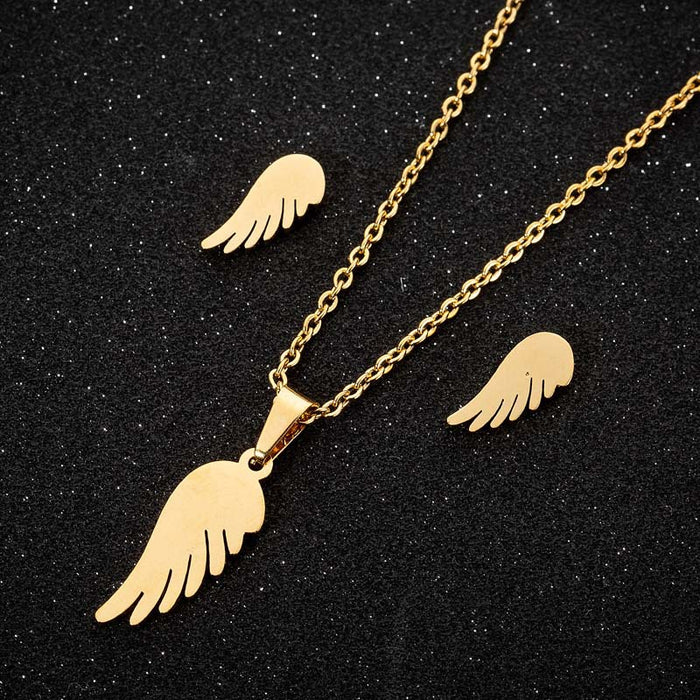 Feather necklace set, European and American stainless steel feather necklace earrings three-piece jewelry spot wholesale