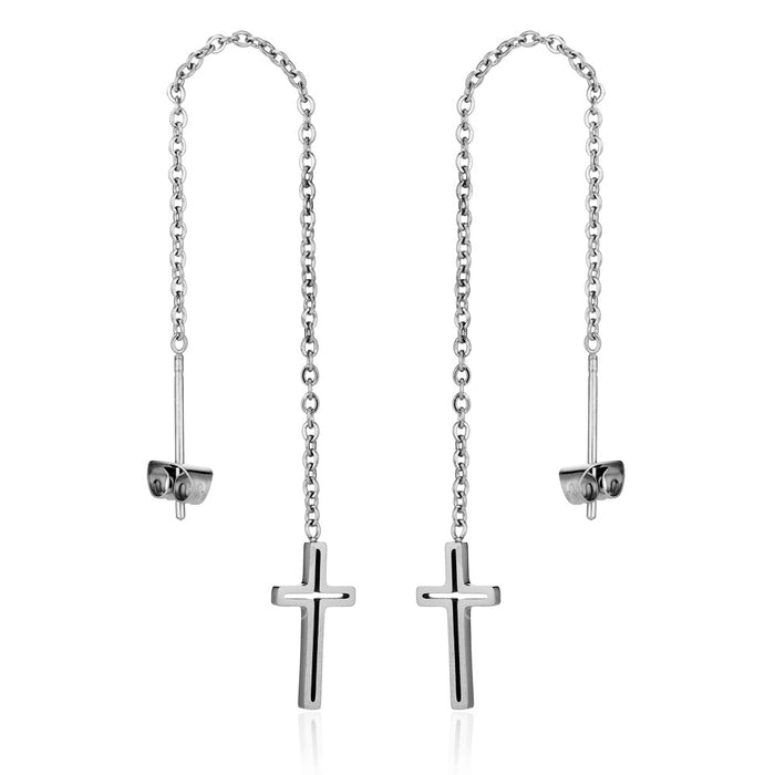 Cross and Tassel Stainless Steel Stud Earrings - Long Drop Earrings for a Bold Look