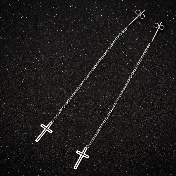 Cross and Tassel Stainless Steel Stud Earrings - Long Drop Earrings for a Bold Look