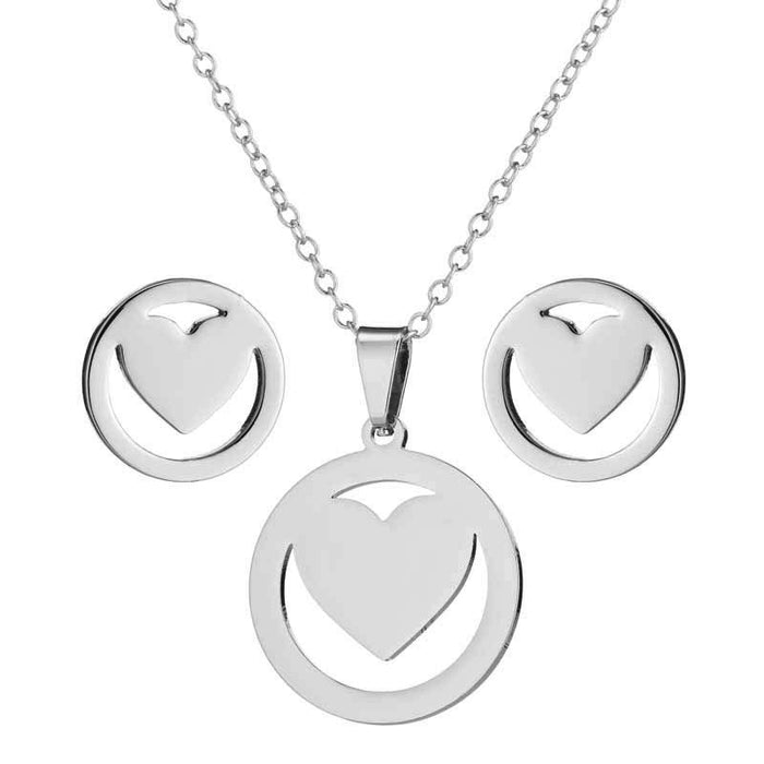 Round necklace set, stainless steel heart necklace earrings three-piece jewelry set wholesale