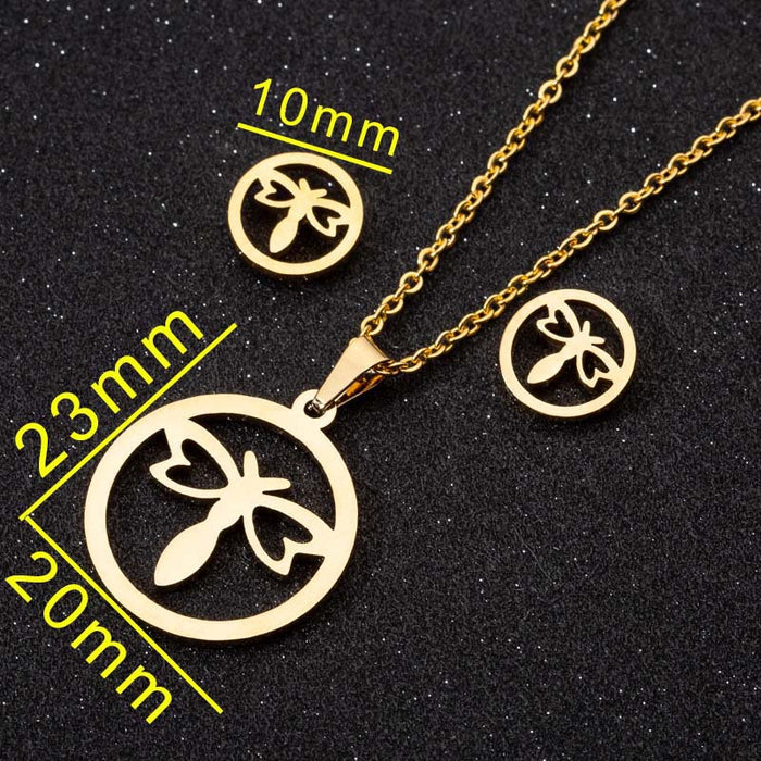 Butterfly necklace set, stainless steel round butterfly necklace earrings three-piece jewelry set wholesale