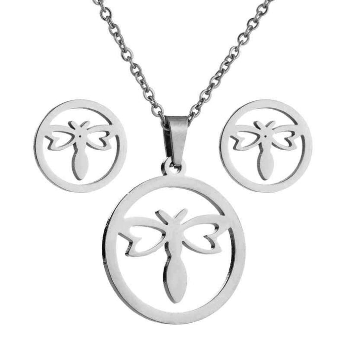 Butterfly necklace set, stainless steel round butterfly necklace earrings three-piece jewelry set wholesale