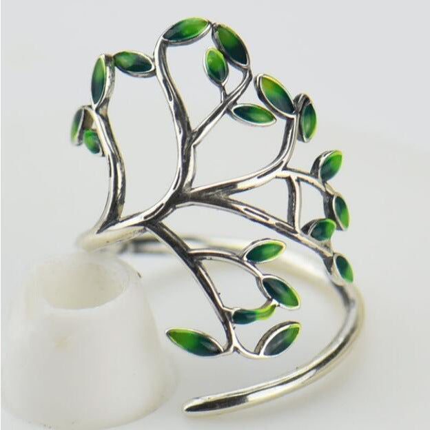 Hand-dripping glaze green leaf branch ring fashionable open single ring adjustable