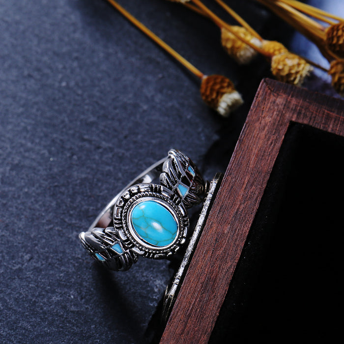 Luxury inlaid turquoise eagle feather zircon ring