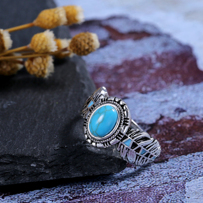 Luxury inlaid turquoise eagle feather zircon ring