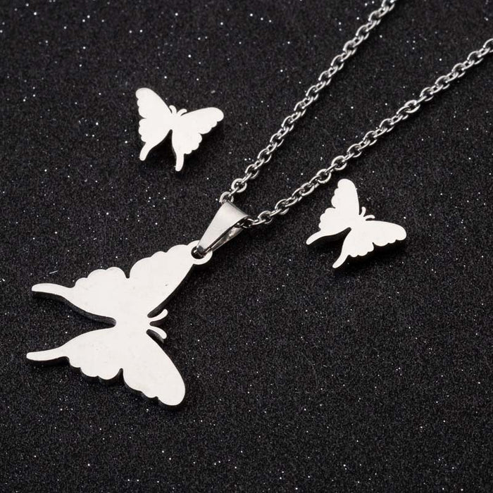 Butterfly earrings and necklace three-piece set, stainless steel jewelry accessories European and American wholesale