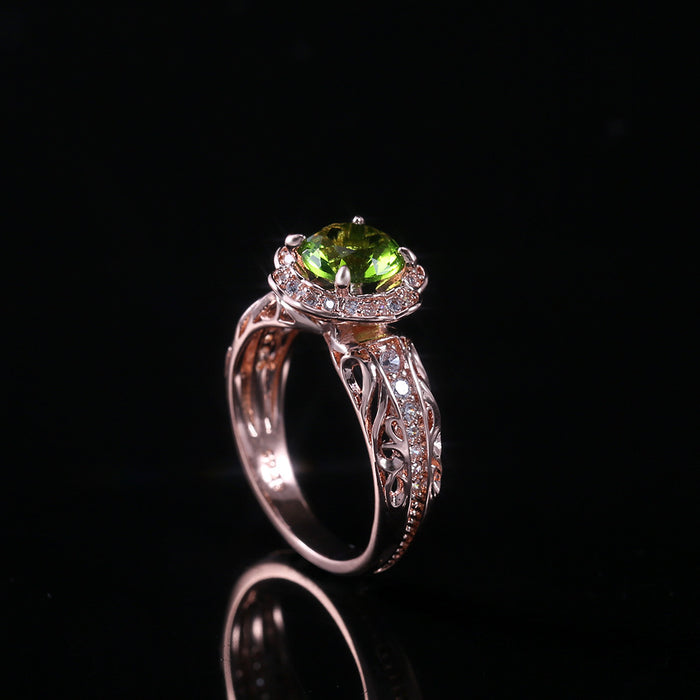 Anillo de flor de circonita verde con incrustaciones de cobre y oro rosa