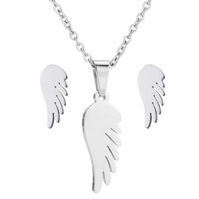 Feather necklace set, European and American stainless steel feather necklace earrings three-piece jewelry spot wholesale