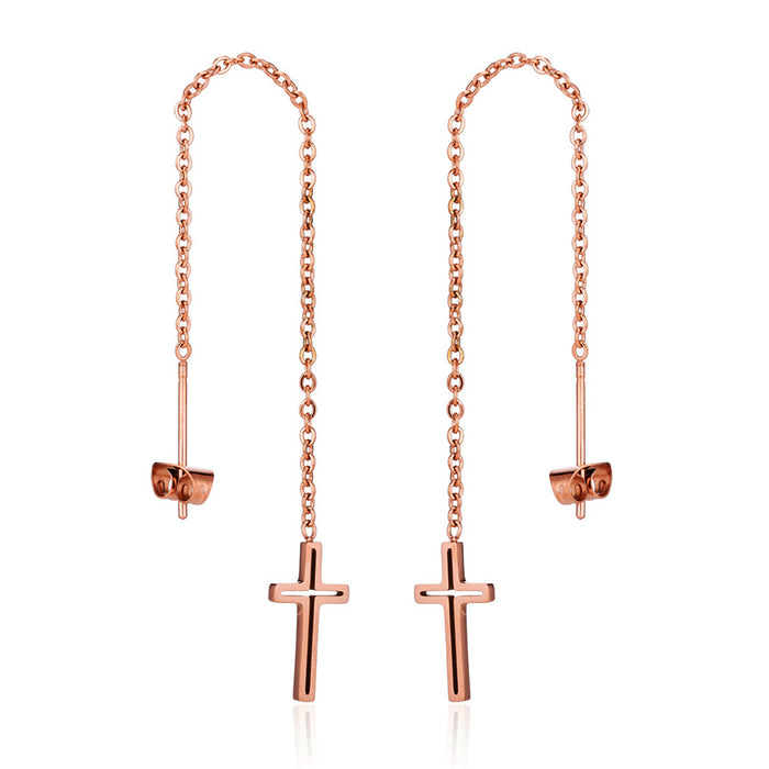 Cross and Tassel Stainless Steel Stud Earrings - Long Drop Earrings for a Bold Look