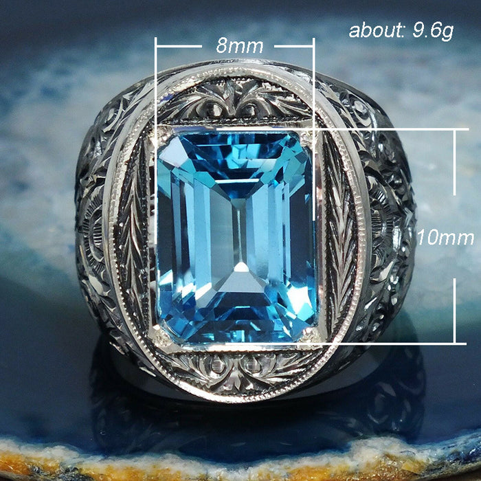 Vintage style carved hollow blue crystal zircon ring