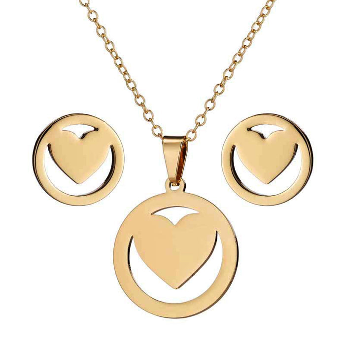 Round necklace set, stainless steel heart necklace earrings three-piece jewelry set wholesale